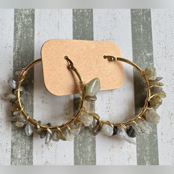 New Natural Labradorite Stone Wire Wrapped Gold Tone Hoop Earrings - 2” - Picture 9 of 9